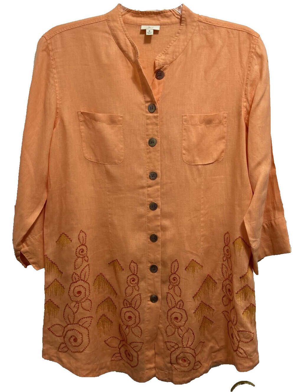 J Jill Size M Linen Classic 3/4 Sleeve Tunic Shirt Coral Embroidered Coastal Mom